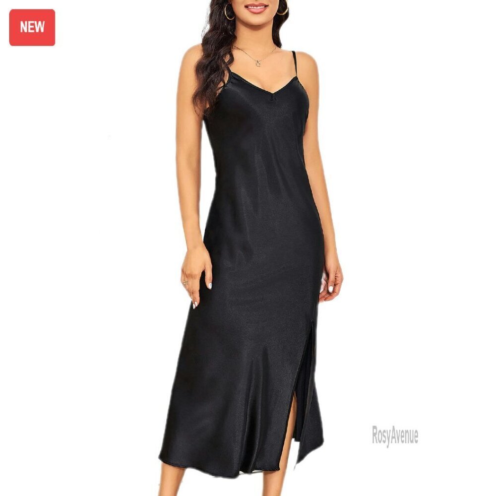 Long Satin Slip Dress V-Neck Adjustable Straps Midi Nightgown Lingerie